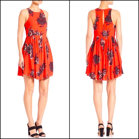 Free People Red Floral Pleated High Neck Mini Dress w/Pockets - Picture 4 of 7